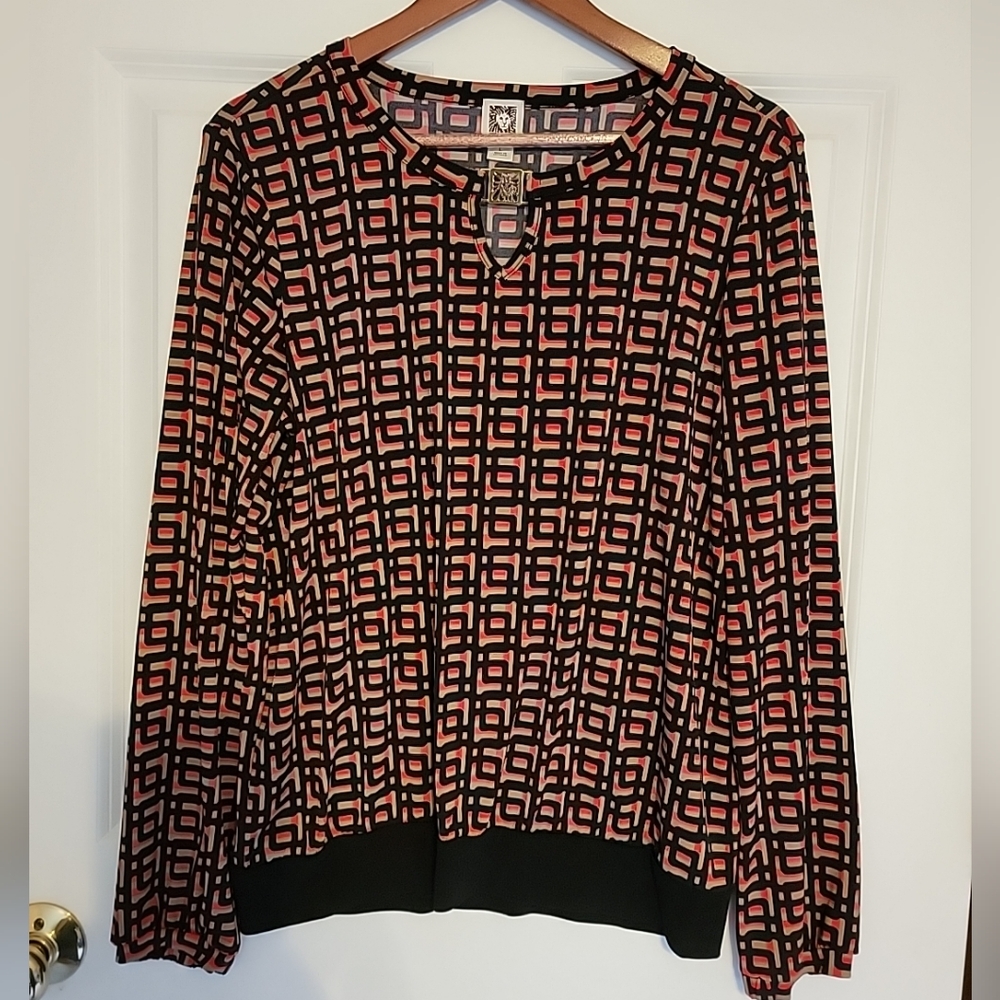 Anne Klein Size L Top Long Sleeve Elastic Cuffs Multicolor Gold Hardware Detail